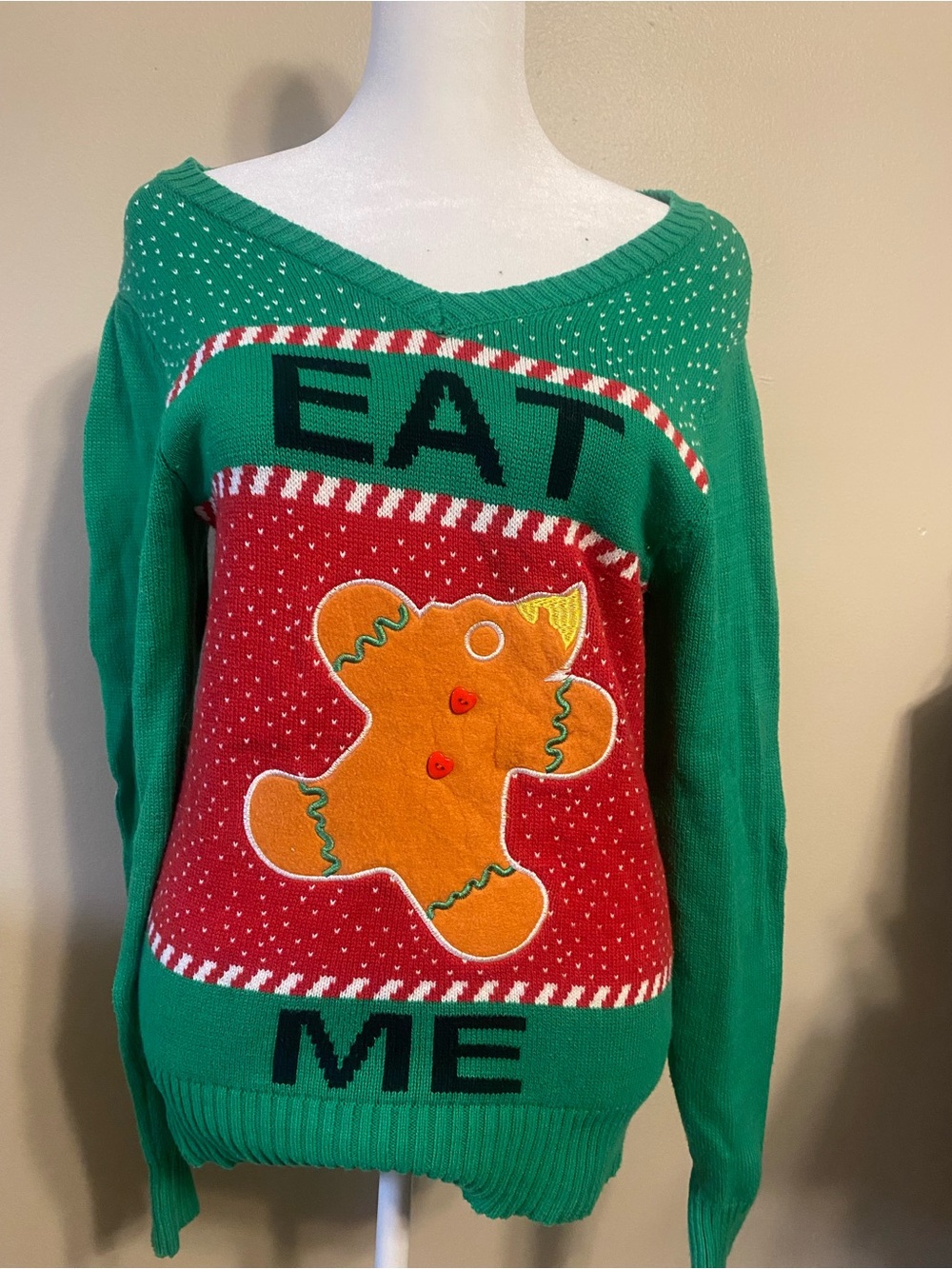Spencer's Green and Red V-Neck 'EAT ME' Gingerbread Sweater